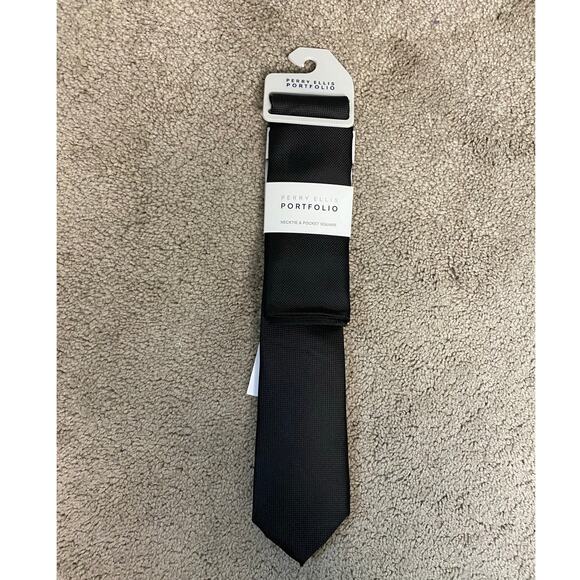 New Perry Ellis Portfolio Necktie and Pocket Square Set, Black - Picture 1 of 3